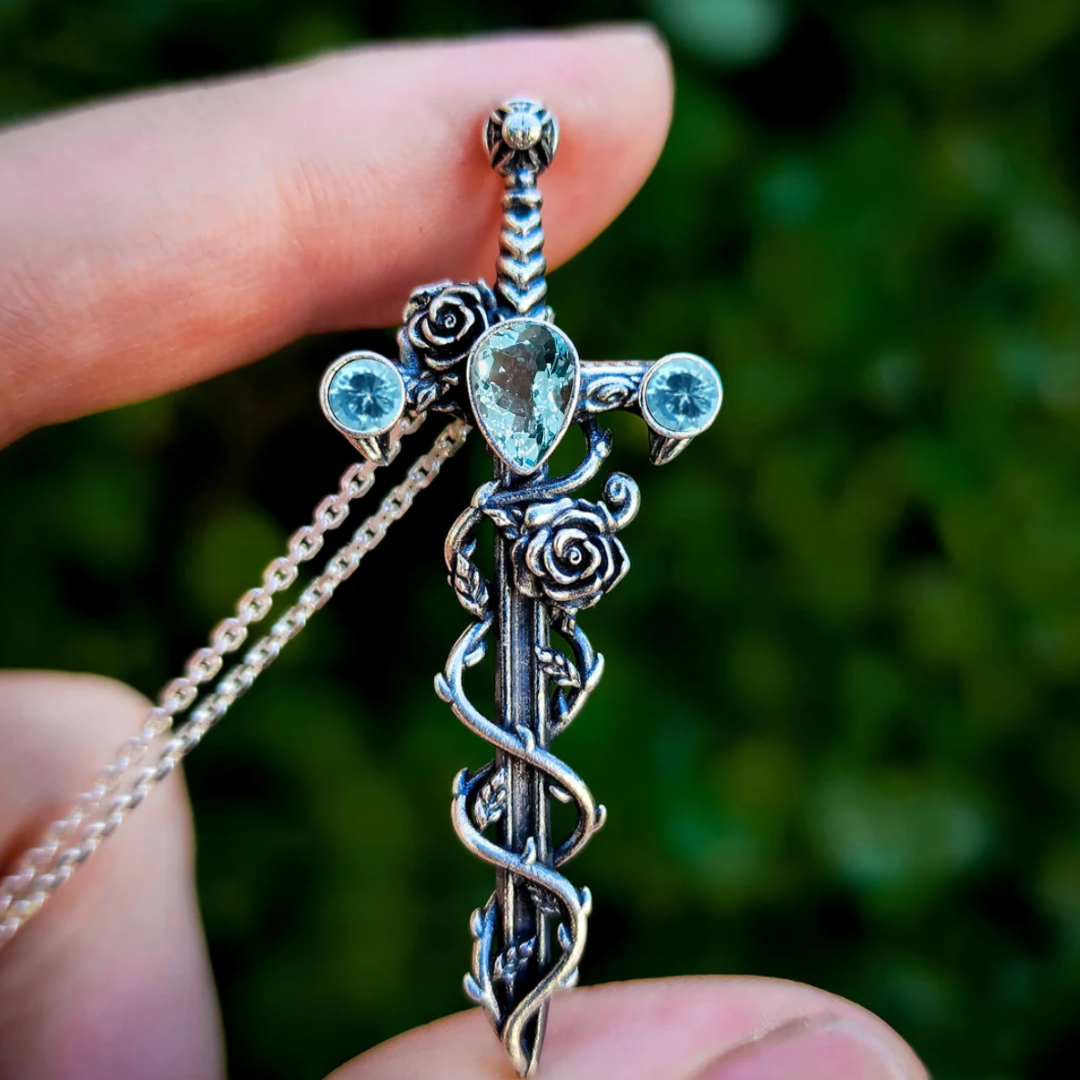 Silver Swiss Blue Topaz Holy Rose Sword Necklace