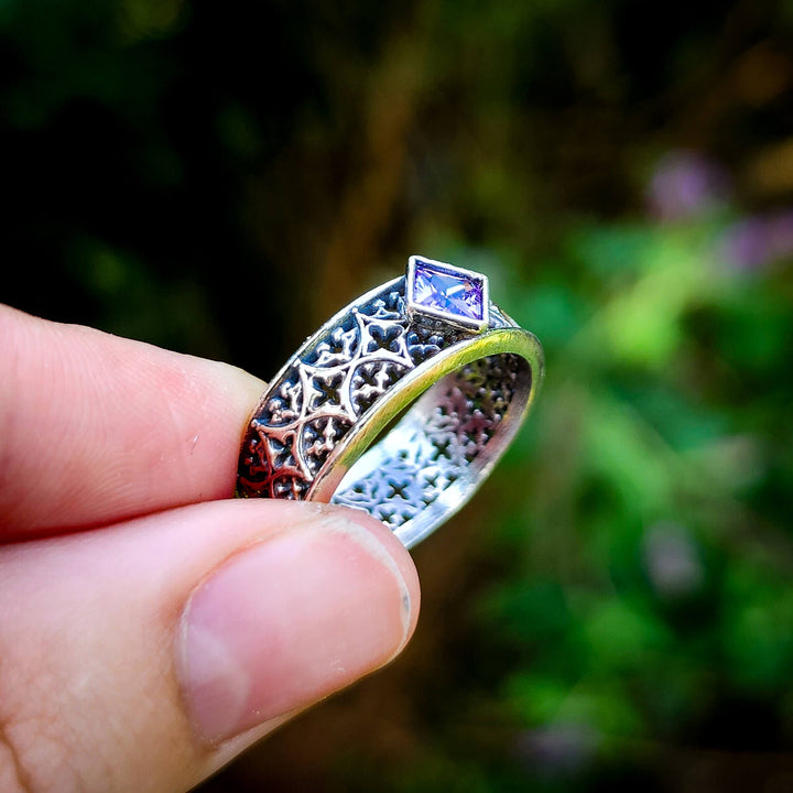 Amethyst Silver Gothic Band Ring