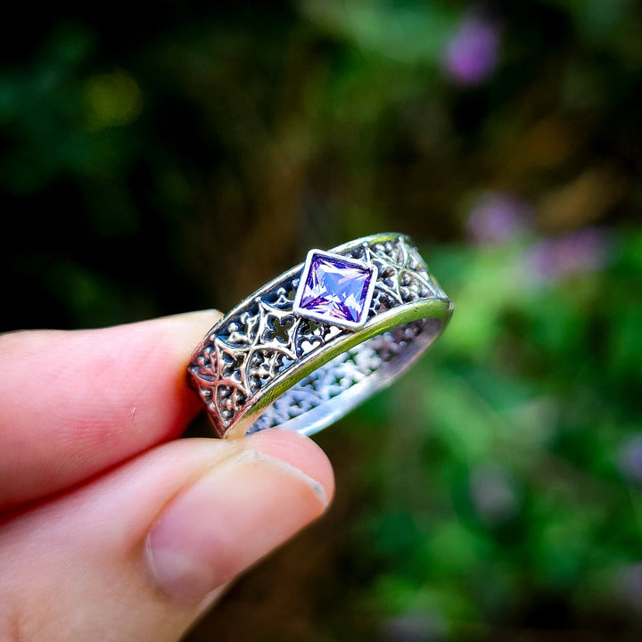 Amethyst Silver Gothic Band Ring