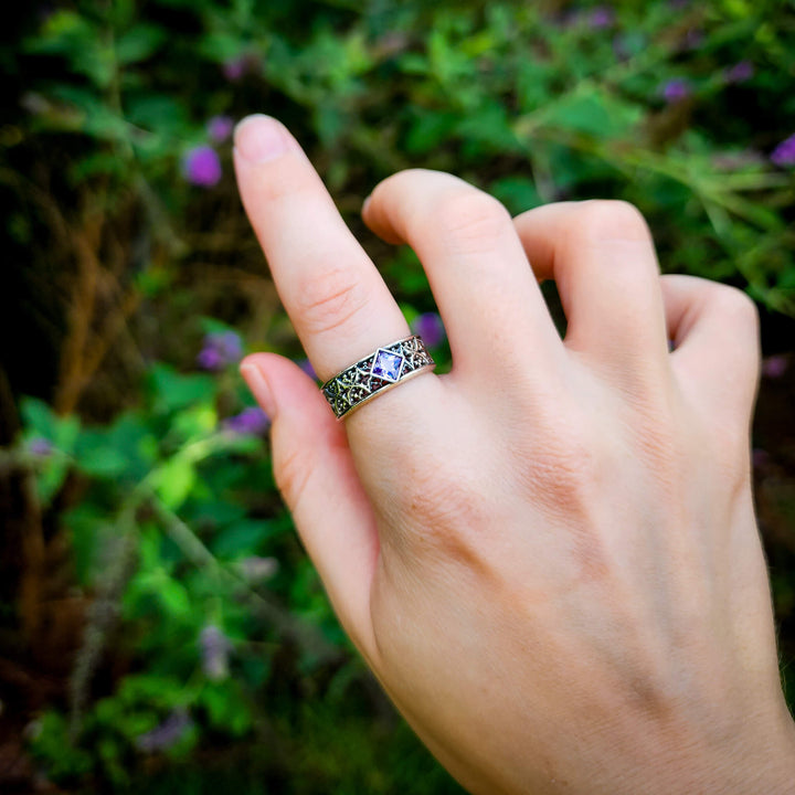 Amethyst Silver Gothic Band Ring