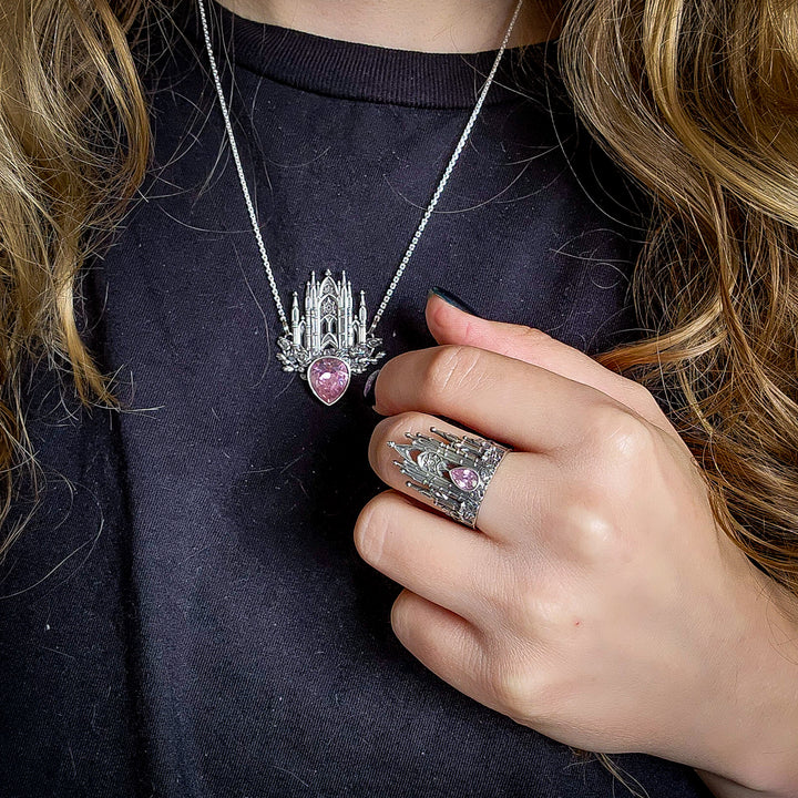 Silver Pink Sapphire Rose Cathedral Necklace