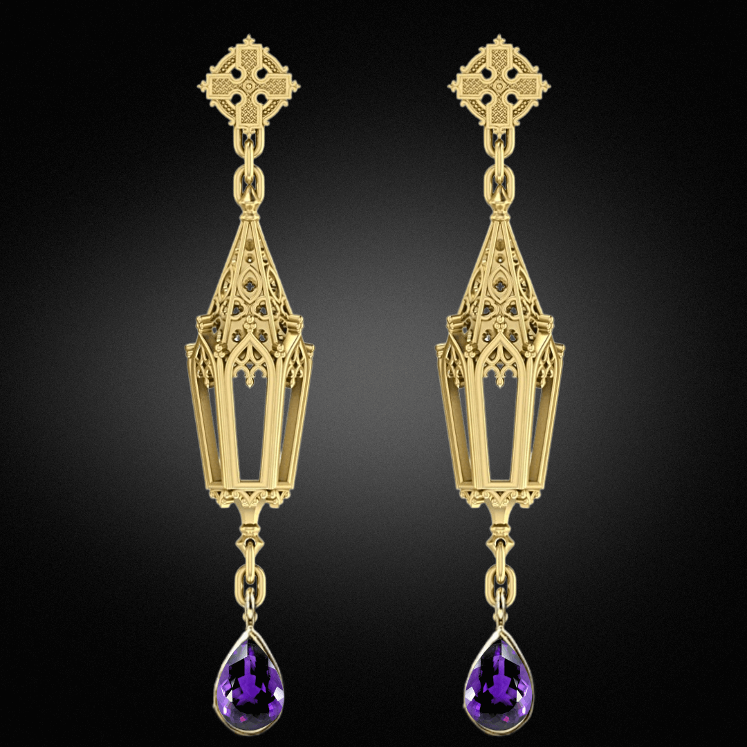 Amethyst Gold Lantern Earrings
