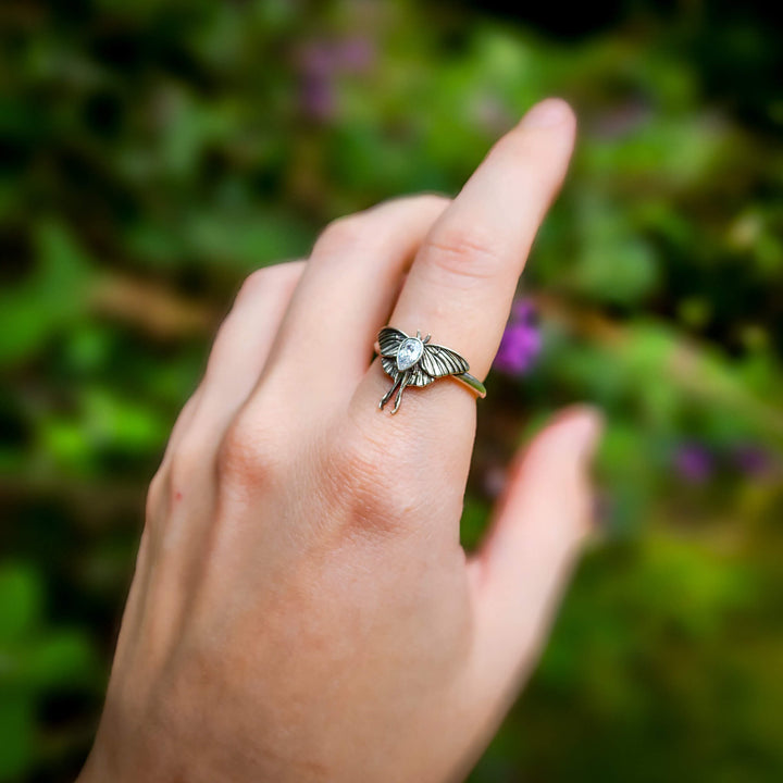Silver Clear Crystal Mini Luna Moth Ring