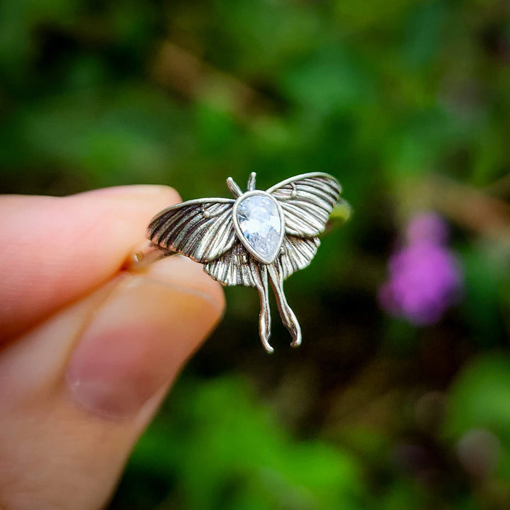 Silver Clear Crystal Mini Luna Moth Ring