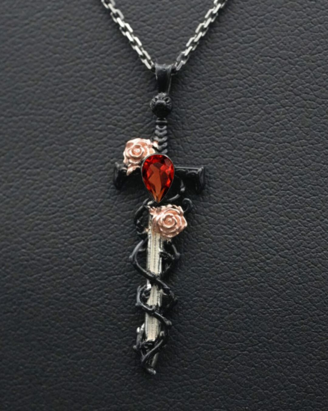 Isaac's Custom Petite Garnet Holy Rose Sword Necklace