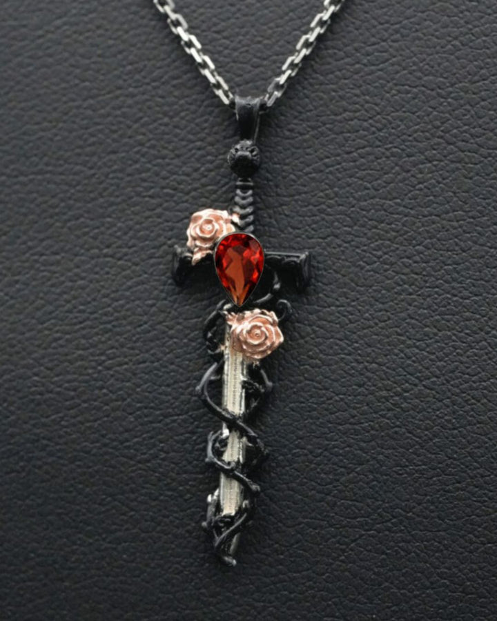 Isaac's Custom Petite Garnet Holy Rose Sword Necklace