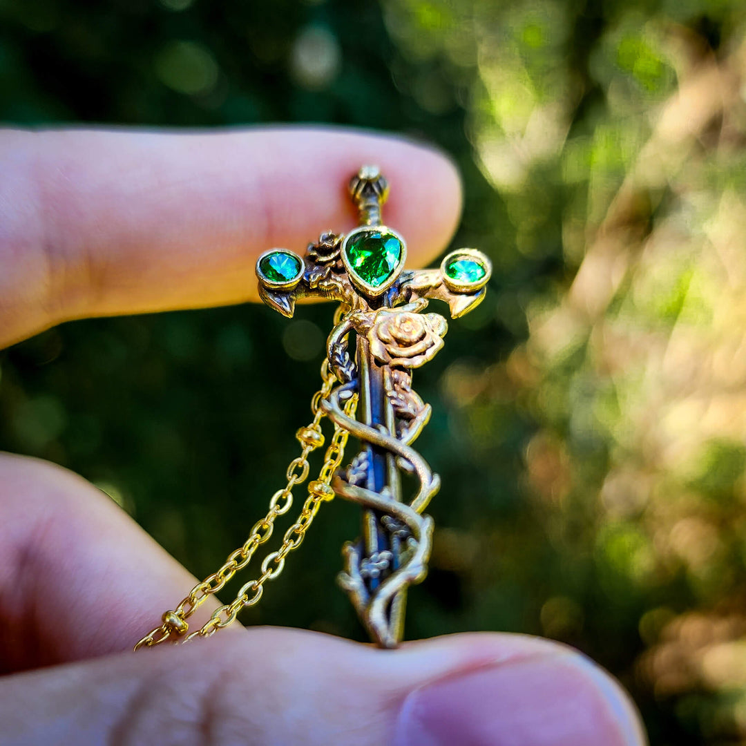 Brass Emerald Holy Rose Sword Necklace