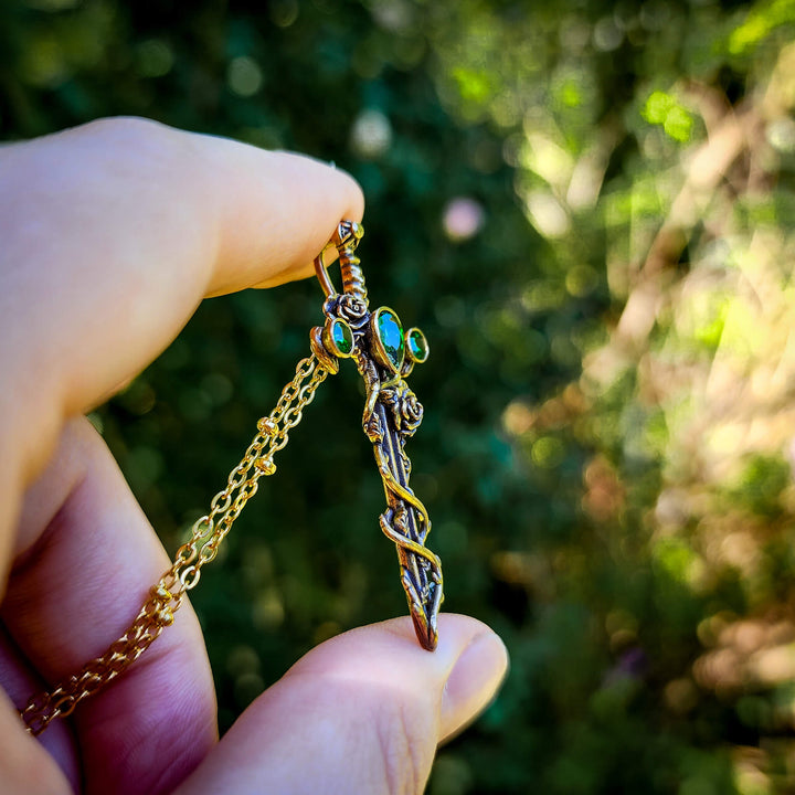 Brass Emerald Holy Rose Sword Necklace