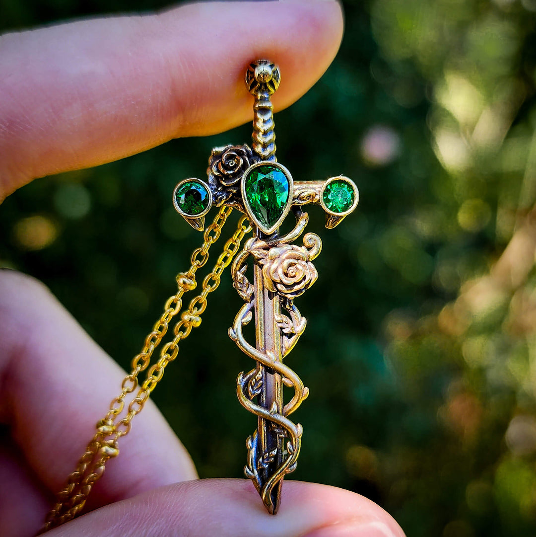 Brass Emerald Holy Rose Sword Necklace