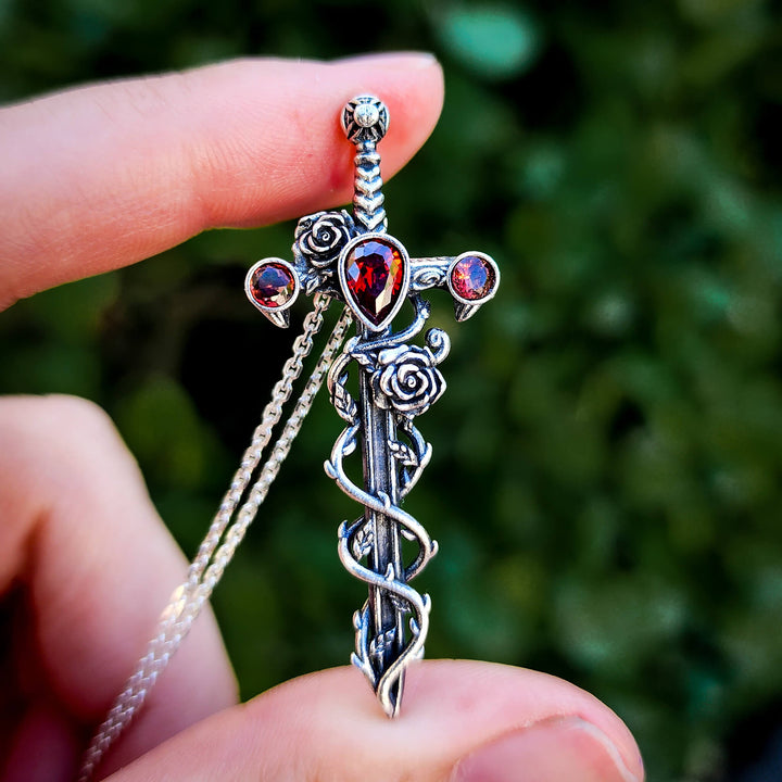Silver Garnet Holy Rose Sword Necklace