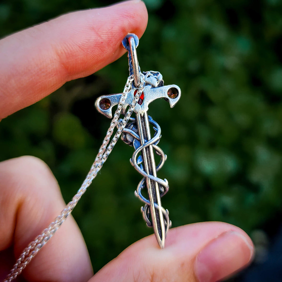 Silver Garnet Holy Rose Sword Necklace