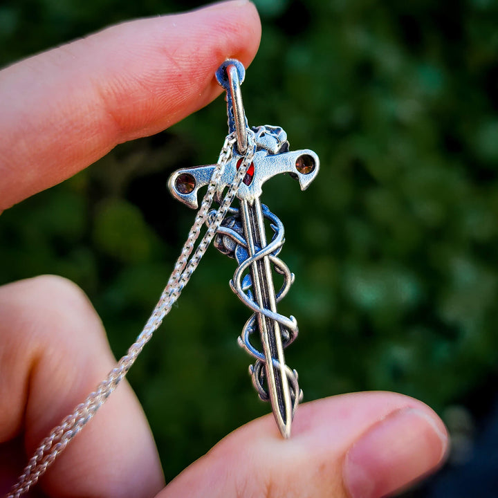 Silver Garnet Holy Rose Sword Necklace