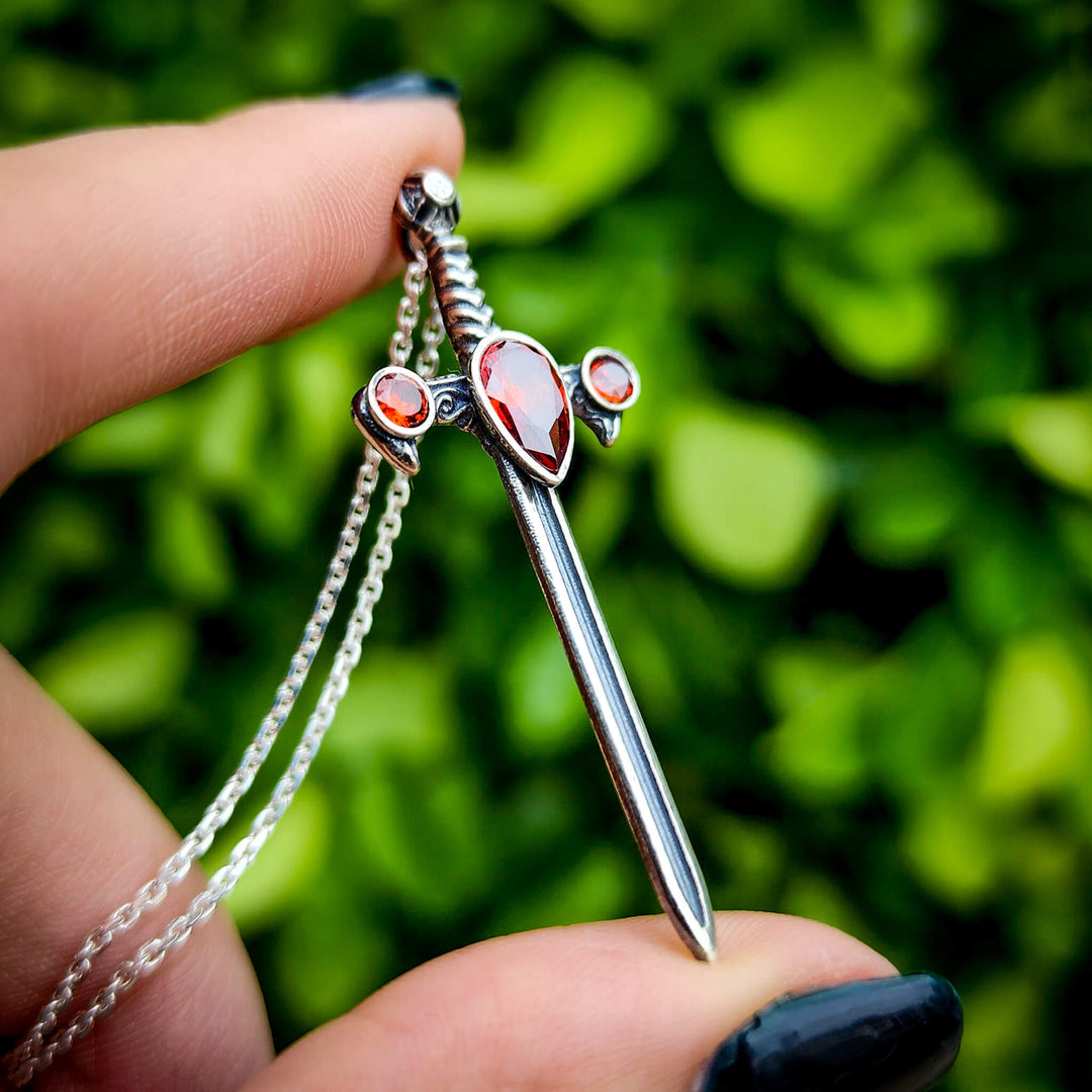 Silver Garnet Sword of the Spirit Necklace