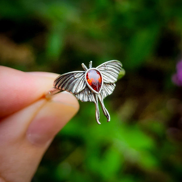 👻 Silver Garnet Mini Luna Moth Ring