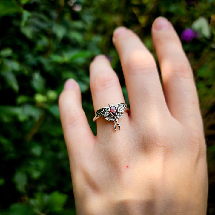 👻 Silver Garnet Mini Luna Moth Ring
