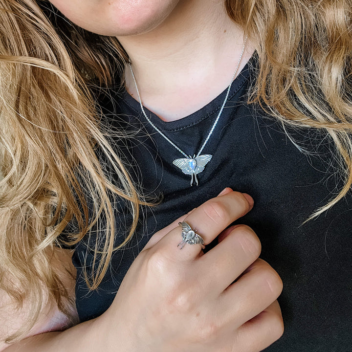 š» Silver Moonstone Luna Moth Necklace