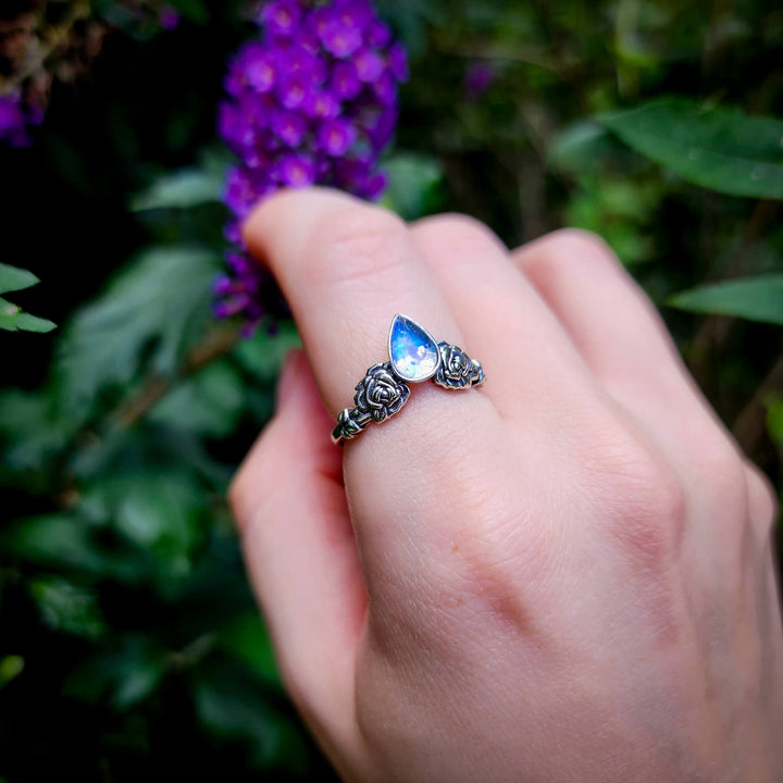 Silver Moonstone Rose Ring