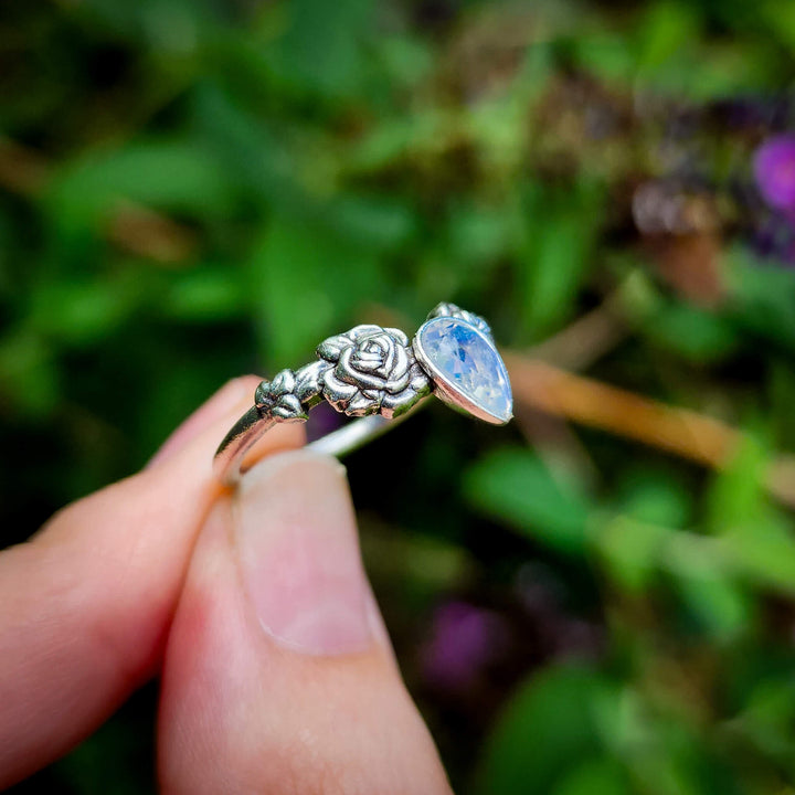 Silver Moonstone Rose Ring