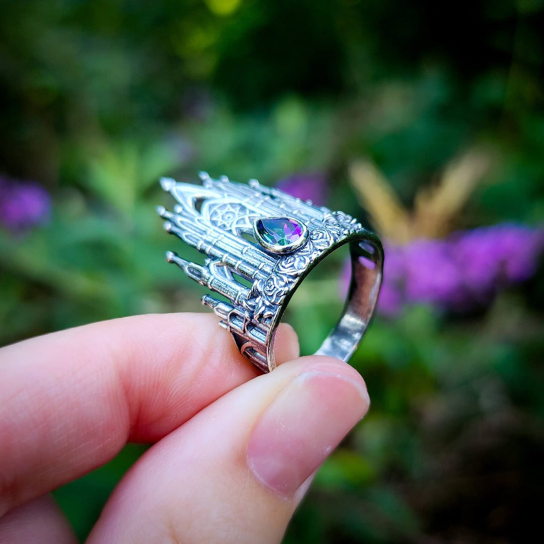 Silver Mystic Topaz Rose Cathedral Ring