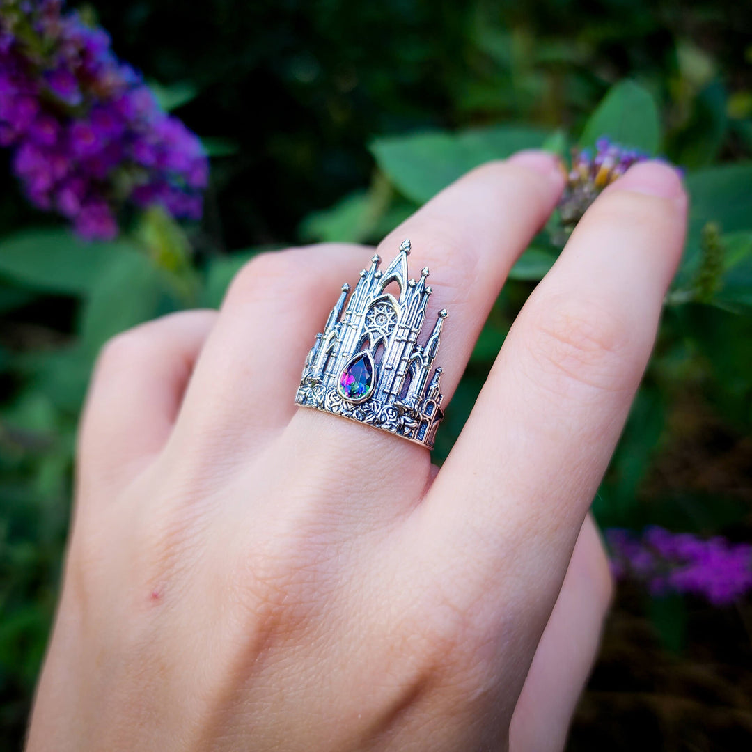 Silver Mystic Topaz Rose Cathedral Ring