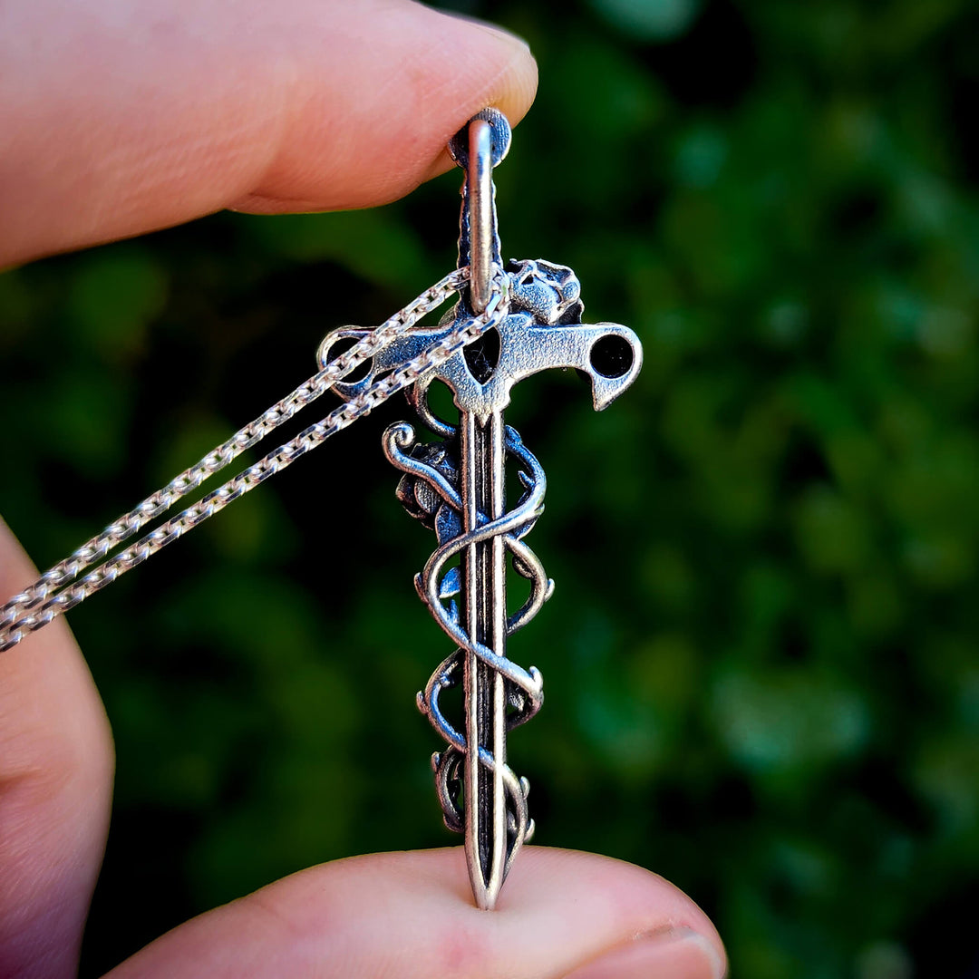 Silver Onyx Holy Rose Sword Necklace