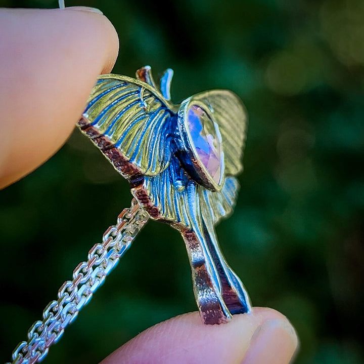 Silver Pink Sapphire Luna Moth Necklace