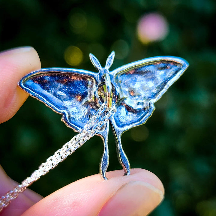 Silver Pink Sapphire Luna Moth Necklace