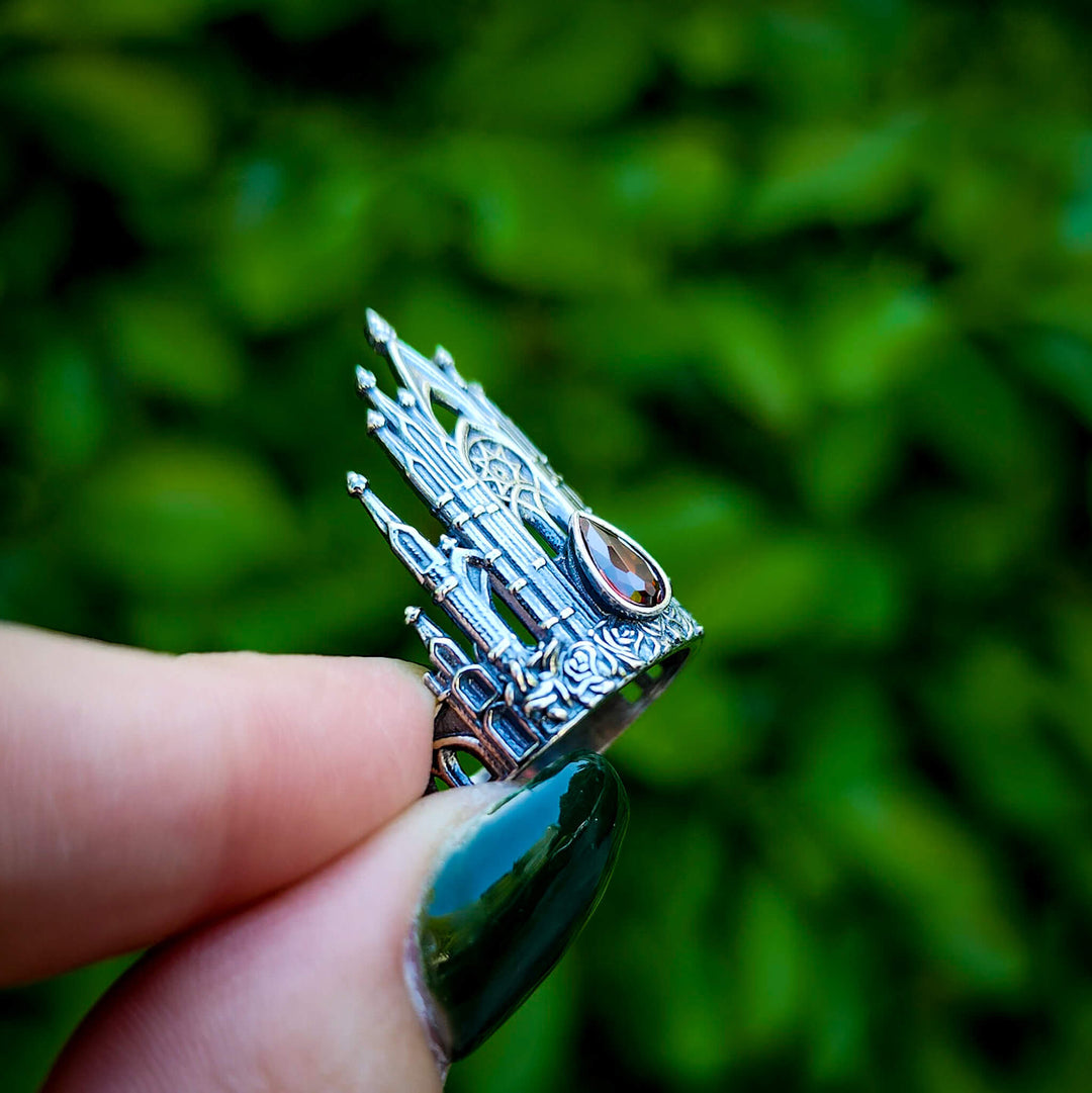 Silver Garnet Rose Cathedral Ring