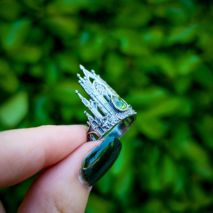 👻 Silver Peridot Rose Cathedral Ring