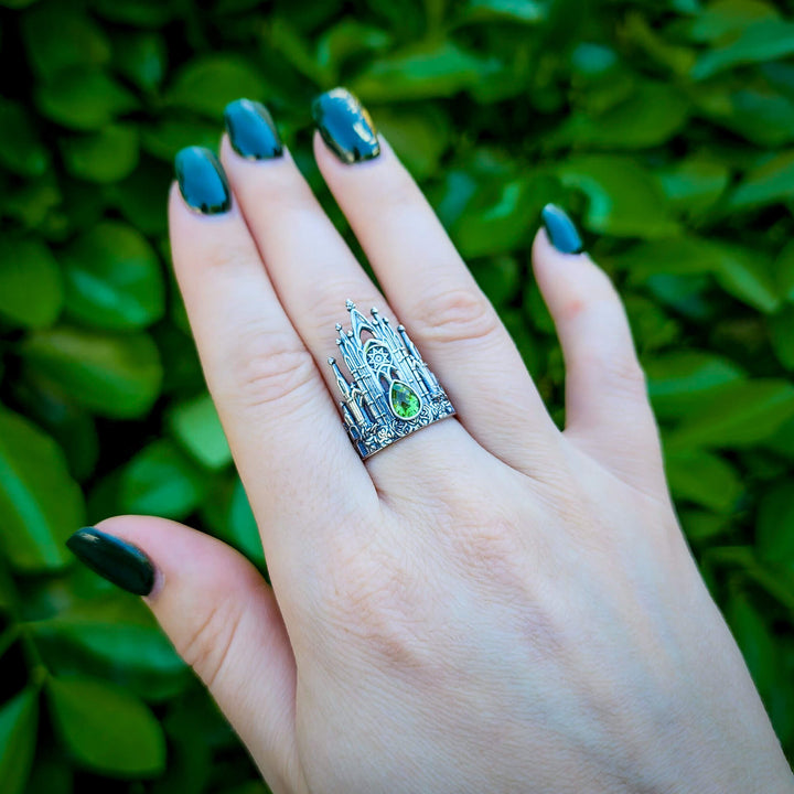 👻 Silver Peridot Rose Cathedral Ring