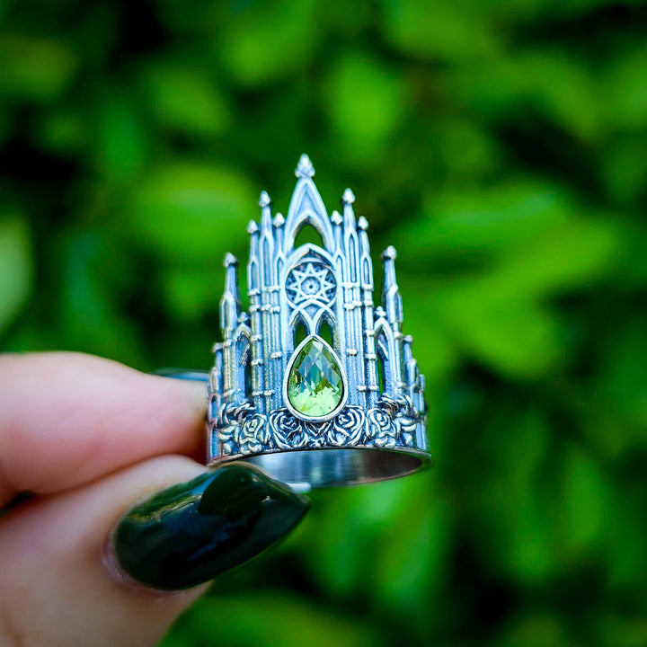 👻 Silver Peridot Rose Cathedral Ring