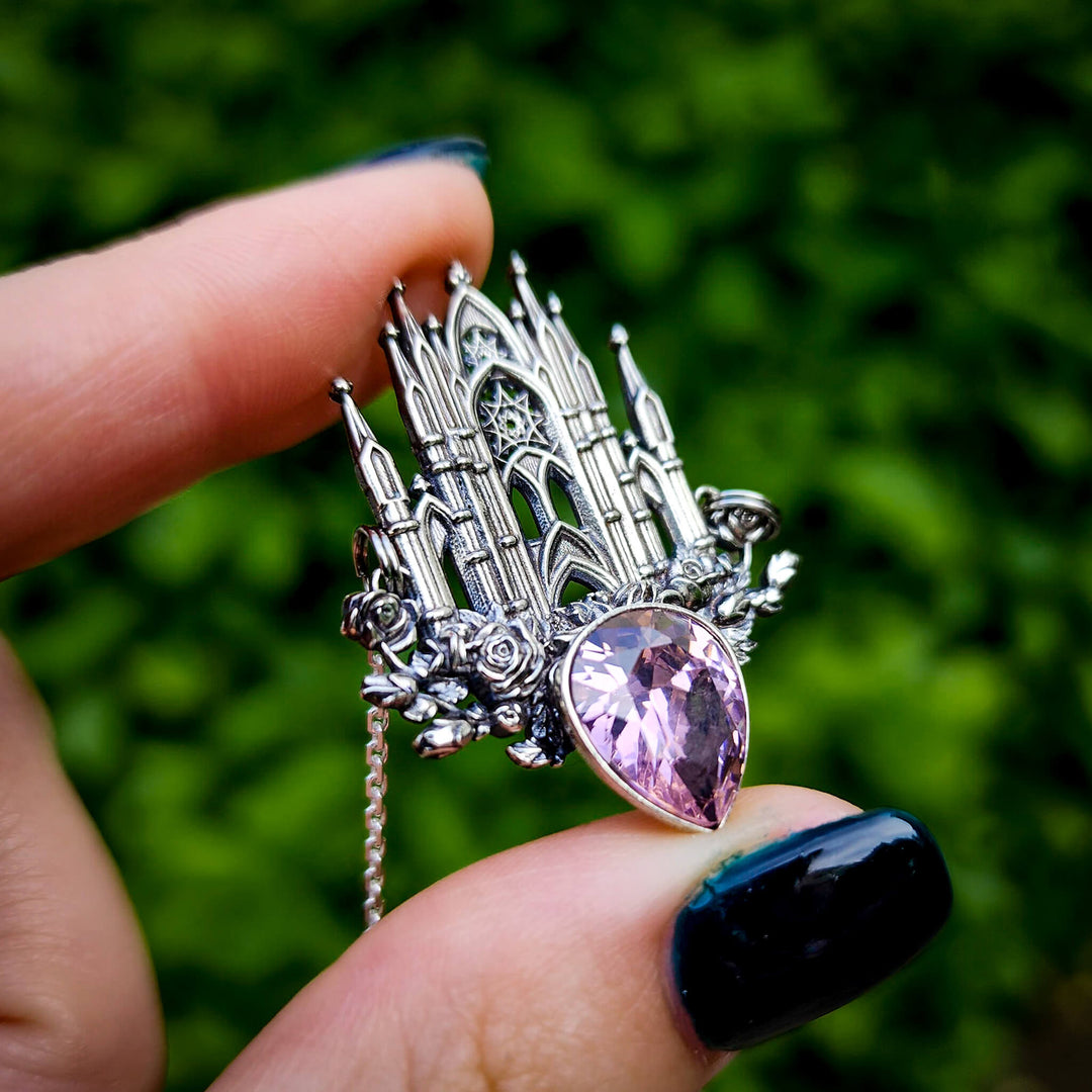 Silver Pink Sapphire Rose Cathedral Necklace