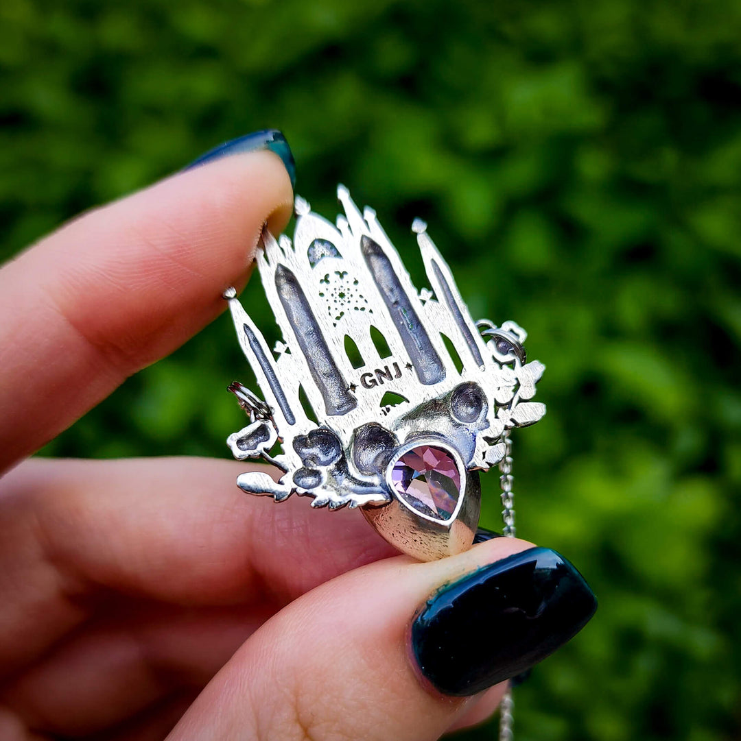 Silver Pink Sapphire Rose Cathedral Necklace