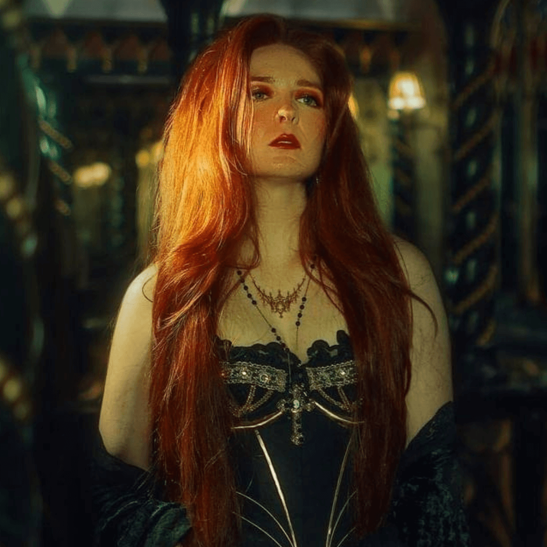 Model wearing gold cathedral necklace