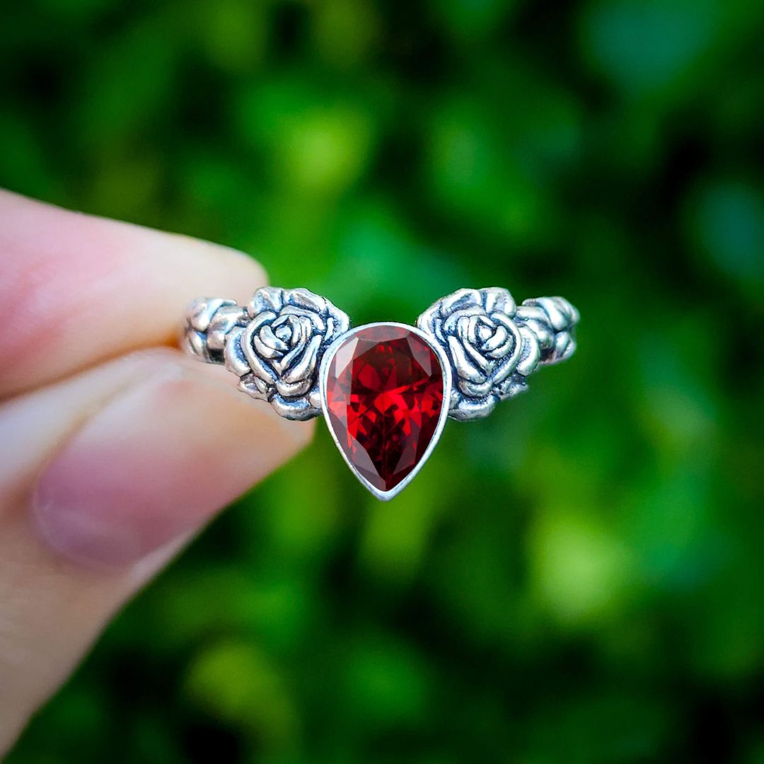 Silver Garnet Rose Ring