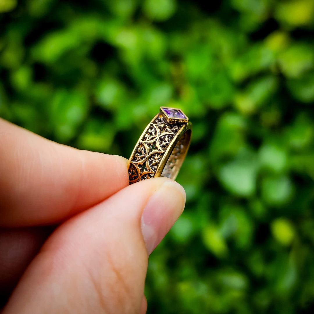 Amethyst Brass Gothic Band Ring