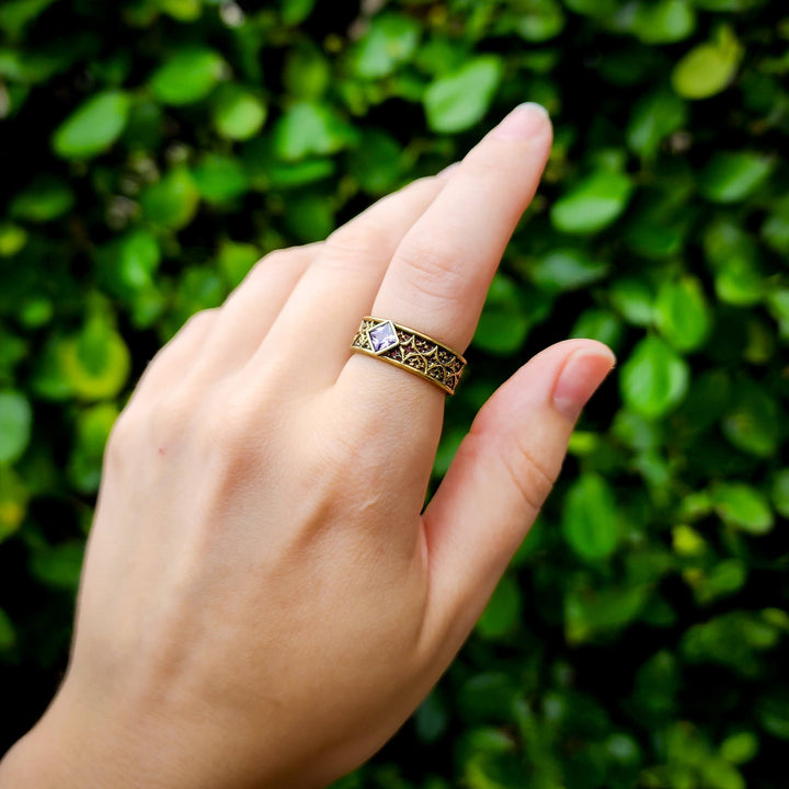 Amethyst Brass Gothic Band Ring