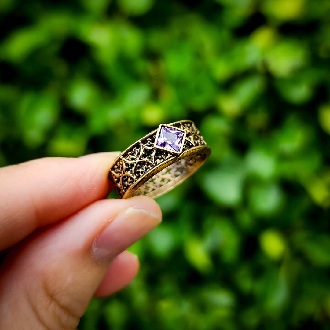 Amethyst Brass Gothic Band Ring