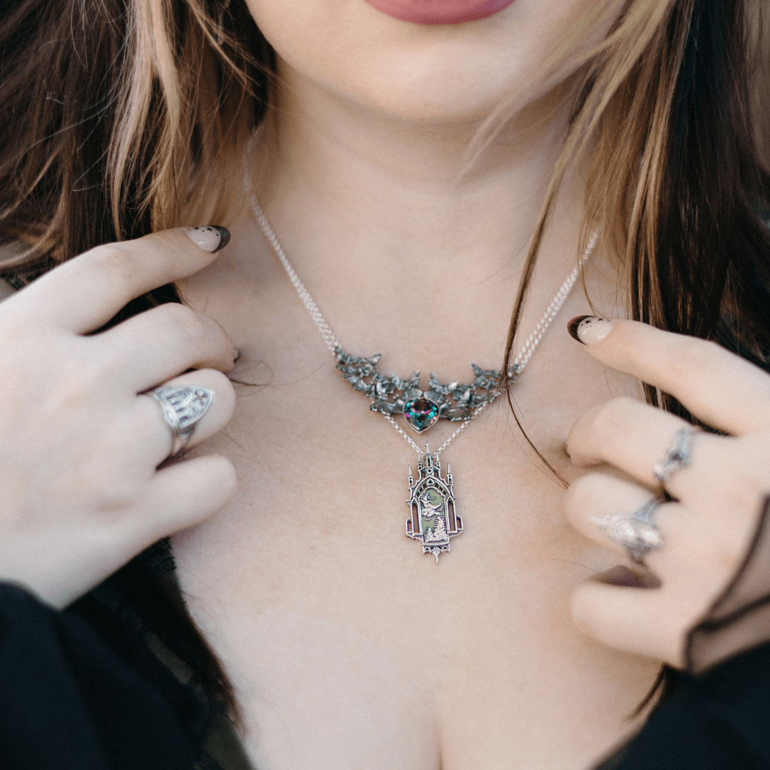 Silver Onyx Bat Swarm Necklace