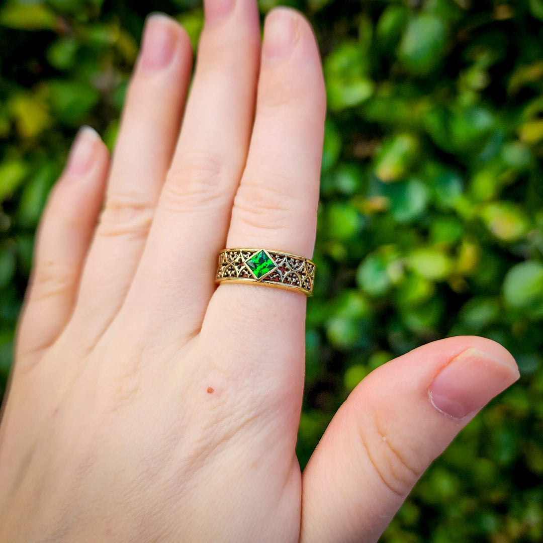 Emerald Brass Gothic Band Ring