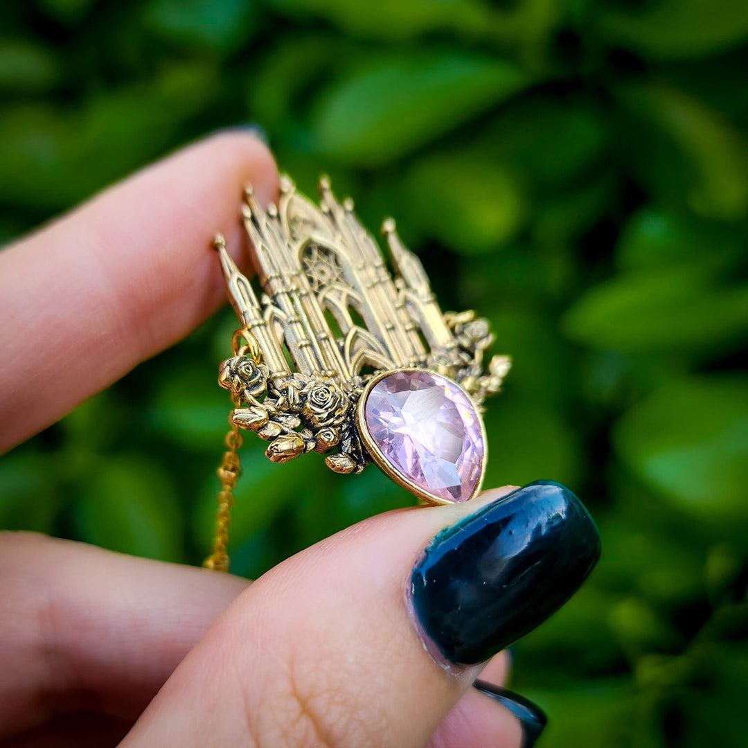 Brass Pink Sapphire Rose Cathedral Necklace