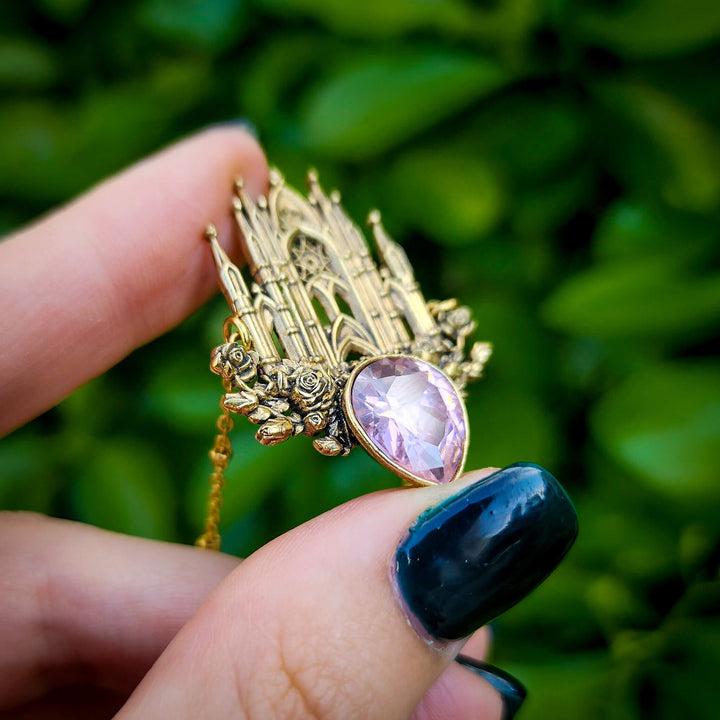 Brass Pink Sapphire Rose Cathedral Necklace