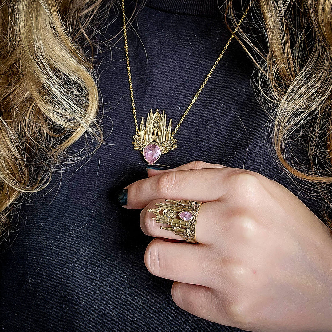 Brass Pink Sapphire Rose Cathedral Necklace