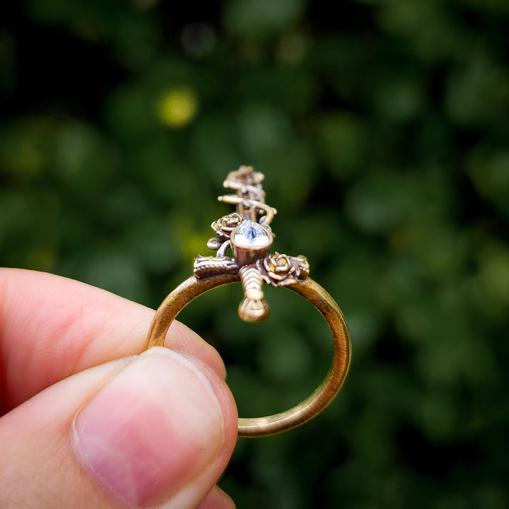 Clear Crystal Holy Rose Sword Ring Brass