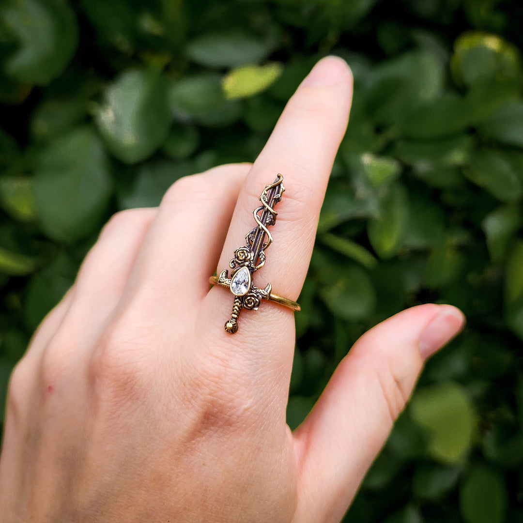 Clear Crystal Holy Rose Sword Ring Brass