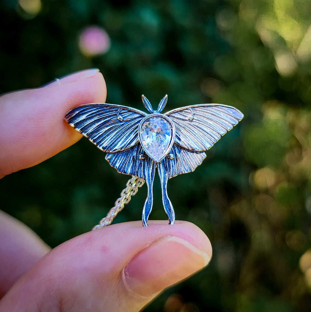 š» Silver Crystal Luna Moth Necklace