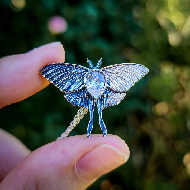 š» Silver Crystal Luna Moth Necklace