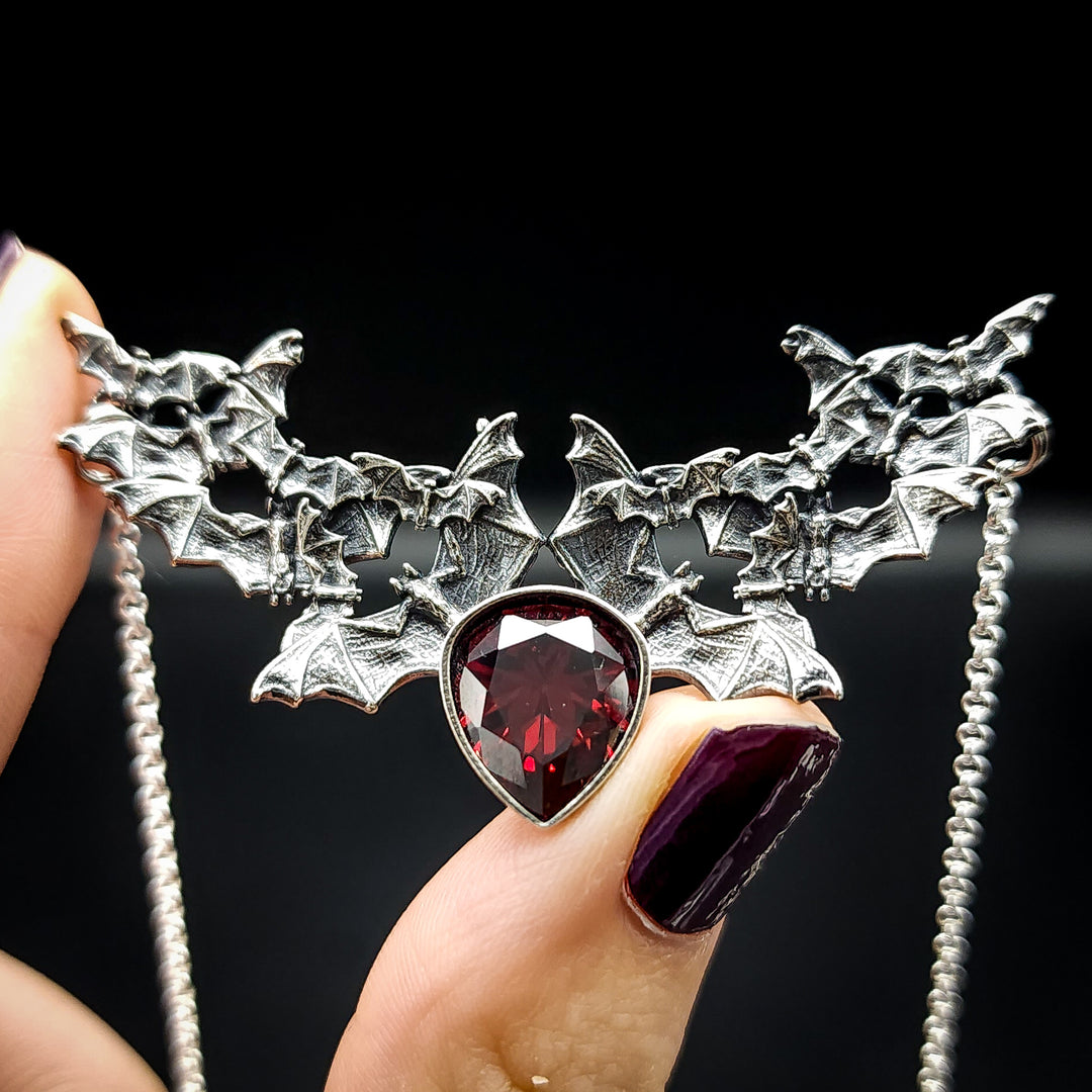 Silver Garnet Bat Swarm Necklace