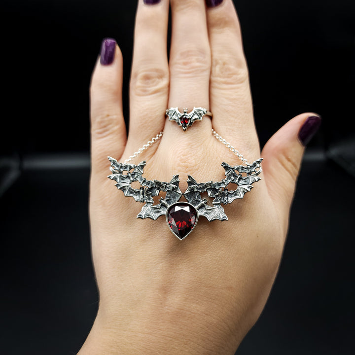 Silver Garnet Bat Swarm Necklace
