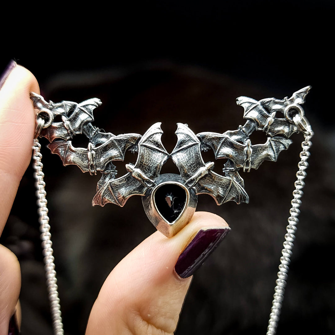 Silver Onyx Bat Swarm Necklace